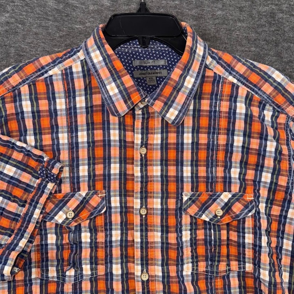 Johnston & Murphy Shirt Slim Fit Short Sleeve Button Up Orange Plaid XXL